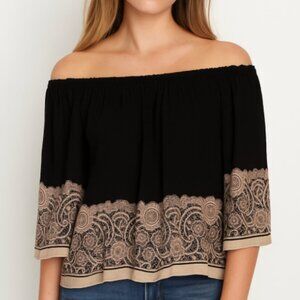 🖤 Max Edition Black Off-the-Shoulder Blouse with Cream Lace – Fun & Flirty